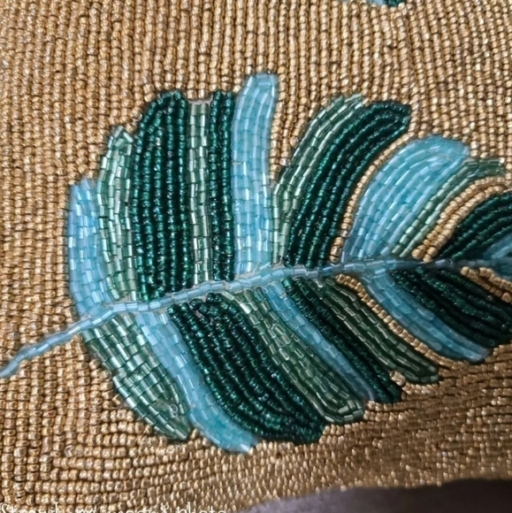 PACIFIC Paradise GOLD Green Teal Aqua Beaded Palm Leaf Tropical Throw Pillow New - Picture 9 of 13